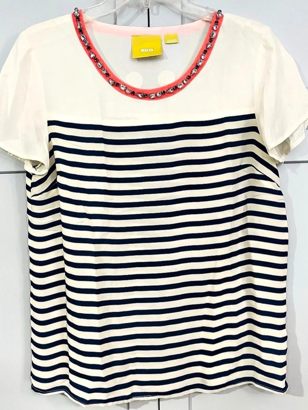 Maeve Jewel Embellished Striped Top White & Blue Medium